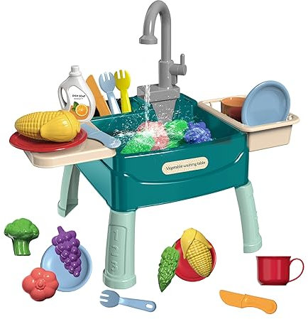 Küchenspüle Spielzeug Set mit Wasserkreislauf,Kinder Spülbecken mit Wasser,Spielzeug Küchenzubehör Geschirr Gemüse Obst für Kleinkinder,Küchenspüle Kinder mit Wasser für Mädchen Jungen