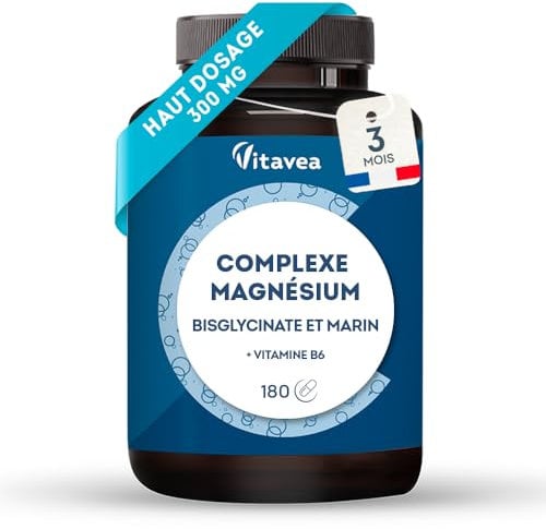 Magnésium bisglycinate et marin, vitamine B6 - Haut dosage 300 mg - Fatigue, stress, sommeil - 180 gélules végétales, 3 mois - Haute assimilation, bonne tolérance - Vegan, Fabriqué en France - Vitavea