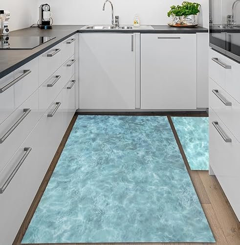 Alfombra vinílica pvc de diseño digital orilla de mar para; salón, cocina, sala de estar, entradas, baño o dormitorios con revés pvc antideslizante y facíl lavada de colores azules turquesa