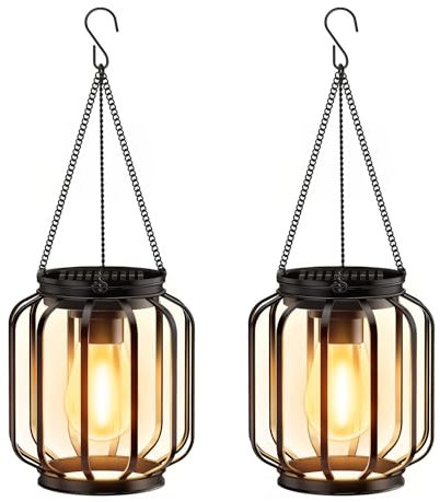 BUCASA Lampe Solaire Exterieur Jardin Suspendue, 2 Pièces Lanterne Solaire Exterieur avec Ampoule LED, IP65 Étanche Métal lumiere solaire exterieur pour Terrasse Pelouse Balcon Cour Decoration Jardin