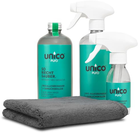 unicopuro® Allesreiniger Starter-Set Aloe vera Minze – 500 ml Konzentrat = 5 L – inkl. 500 ml & 100 ml Sprühflaschen + Soft-Touch Microfasertuch – biologisch abbaubar, Geruchskiller, in 8 Düften