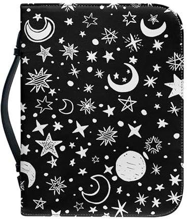 Kuiaobaty Moon Stars Print Book Cover PU Leather Zipper Notebook Case with Pen Pocket, Black Book Planner Accessories for School Office