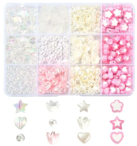 UR URLIFEHALL Lot de 420 perles d'imitation en plastique acrylique 12 styles roses en forme de cœur, d'étoile, de fleurs pour la fabrication de bijoux, les travaux manuels et la décoration
