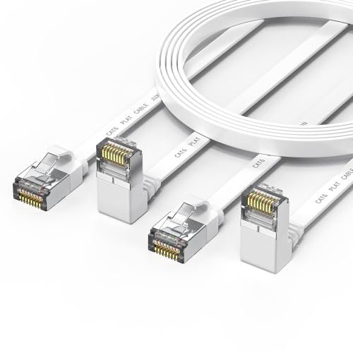 JUXINICE Truly a 90 Degree Head Cat 6 Ethernet Cable 10ft (2Pack) Rightangle Cat6 Internet Network Cable Flat - Ethernet Patch Cables Short - Computer LAN Cable Up Angle -White