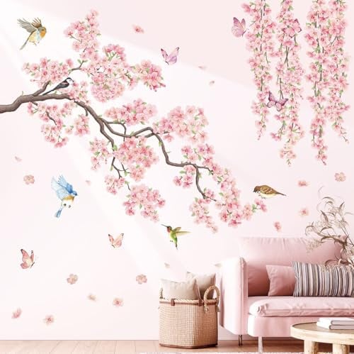 DECOWALL SG3-2320 Cherry Blossom Flower Wall Stickers Pink Hanging Floral Tree Branch Birds Decals Living Room Bedroom Office Home Decor