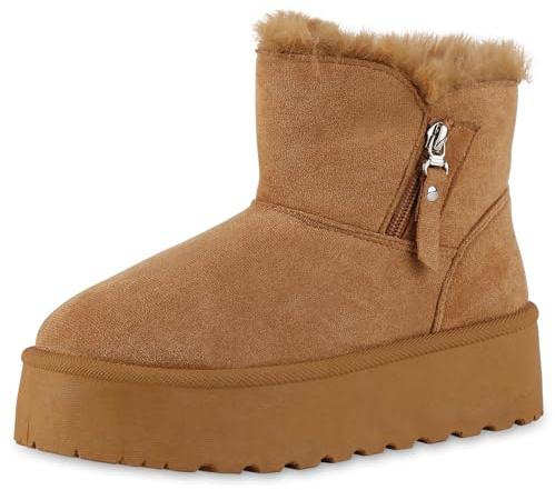 VAN HILL Damen Stiefeletten Winter Boots Warm Gefüttert mit Plateau Zipper Kunstfell