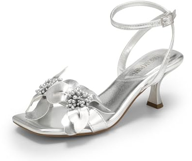 DREAM PAIRS Womens Low Kitten Heels Sandals,Silver-Pu,6