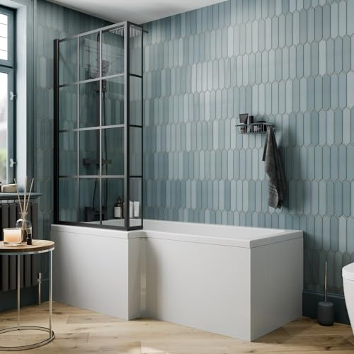 BAYSTONE 1700 x 855mm Left Hand L Shaped Shower Bath Bathtub with Front Panel + Black Framed Grid Bath Screen
