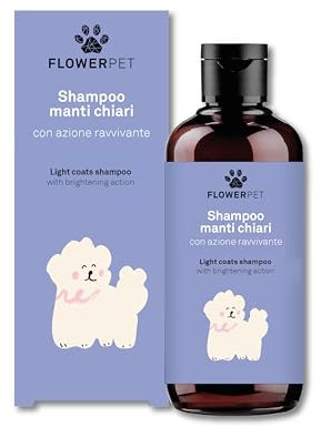 FLOWER PET, Shampoo per Cani dal Manto Chiaro, Azione Detergente, Districante e Ravvivante, Dona Lucentezza e Morbidezza al Pelo, con Estratti di Canapa, Camomilla e Lino, 250 ml