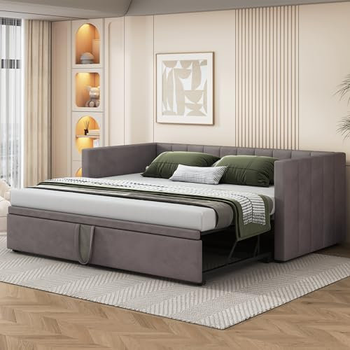 Zravenna Ausziehbett gleiche höhe 90/180x200 cm, Tagesbett Bett Ausziehbar zum Doppelbett, Polsterbett Samt mit Lattenrost Metall (Grau A)