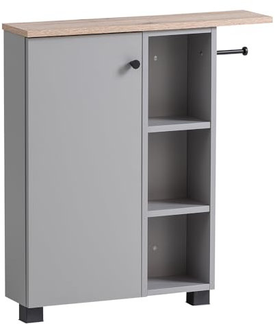 Lomadox Badezimmer Bad Schrank Seitenschrank mit Toilettenpapierhalter grau mit Eiche