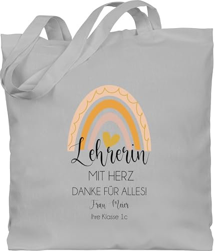 Baumwolltasche - Geschenke zum Abschied Lehrerin mit Herz mit Name und Regenbogen | Geschenk Lehrerinnen Abschiedsgeschenk Dankeschön - Unisize - Hellgrau - beste tasche lehrer jutebeutel teacher