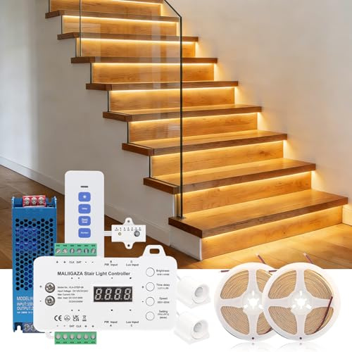 LED Motion Sensor Stair Lights Kit 12 Stairs 3000K with Daylight Sensor | Step by Step Lighting, PIR Sensor Motion Triggered, 1m Cuttable Dotless COB Strips, Remote Control, Indoor Staircase Lighting