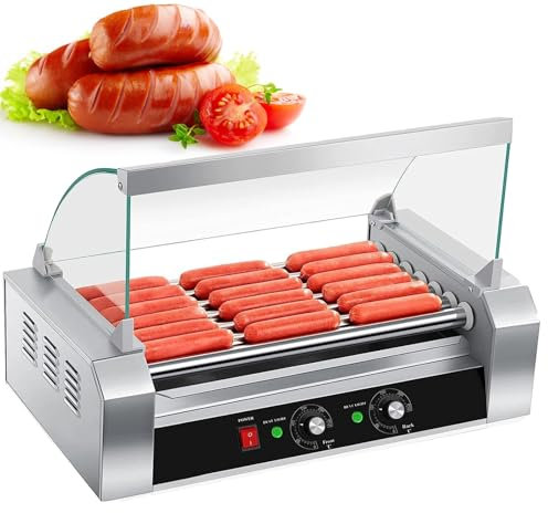 Commercial Hot Dog Sausage Machine, Electric Hot Dog Grilling Cooker with Cover, Stainless Steel Non-Stick 7 Rollers Sausages Warmer, Dual Temperature Control, for Kitchen Restaurant