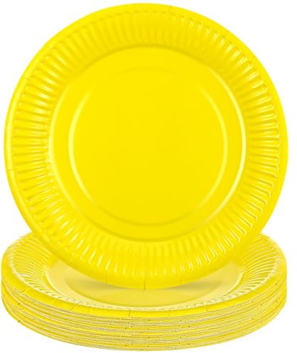 20 Piezas Platos de Postre de Cartón Desechables, Plato Desechable Vajilla de Cartón Desechable de 18cm, Plato Desechable para Camping, Picnics, Fiestas, Barbacoas, Cumpleaños Niña Niño, Amarillo