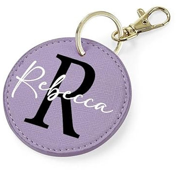Mr. Gadgets Portachiavi Eco Pelle Personalizzabile con Nome - e Lettera Maiuscola (Tondo, Lilla)