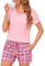 Bresdk Pyjama Carreaux Femme Ete Vêtements de Nuit Short Pijama Plaid col V Manche Courte Enseblems de Pyjama Sexy Chic 2 Pièce Coton, Rose (Col V), M