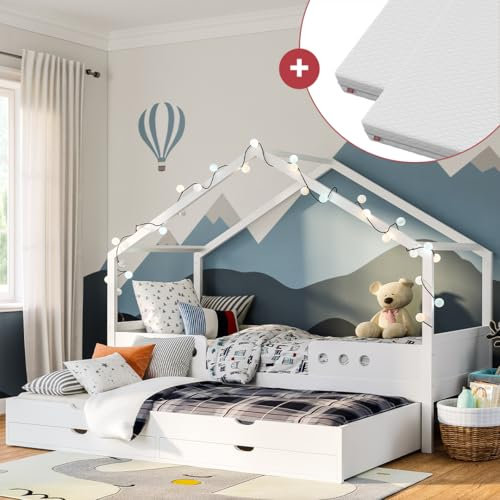 Bellabino Bela Kinderbett 90x200 cm – Hausbett mit Matratze, Rausfallschutz & Lattenrost – Kinder Bett mit Gästebett und 2 Schubladen für Jungen und Mädchen – Montessori Bett aus Holz in Weiß