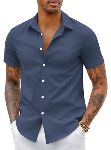 COOFANDY Shirts for Men Short Sleeve Shirts Dress Shirt Summer Shirt Non Iron Formal Shirts Slim Fit Casual Shirts Business Shirts Office Shirts Work Shirts Dark Blue L