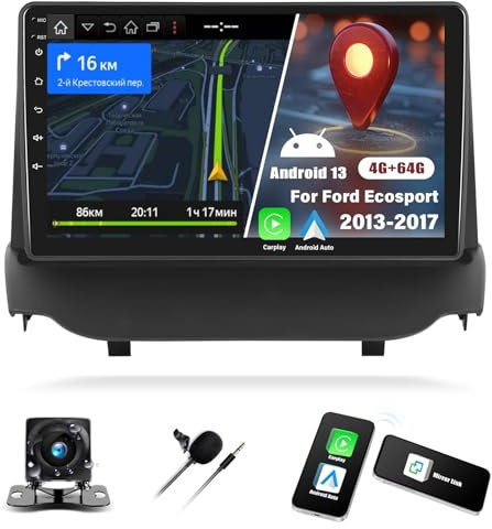 4G+64G CAMECHO Android 13 Autoradio für Ford Ecosport 2013-2017 mit Navi Carplay Android Auto, 9 Zoll Bildschirm 2 Din Stereo mit Bluetooth GPS Navi WiFi FM/RDS SWC Mic+Rückfahrkamera