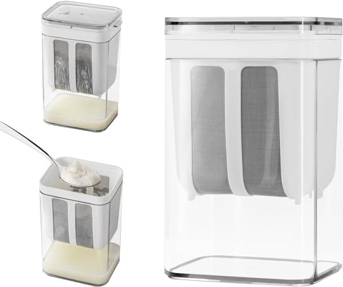 DUJIAOSHOU Filtre à yaourt, filtre à yaourt grec, filtre à yaourt en maille fine avec couvercle, passoire à fromage sans PA de 1,1 l, séparateur de lactosérum pour faire du yaourt grec épais (blanc)
