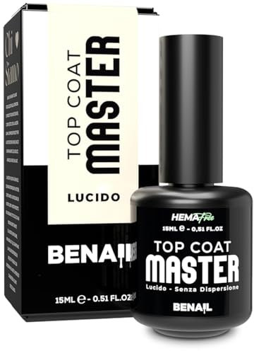 Benail Top Coat Master 15ml | Top Coat Senza Dispersione, Extra Lucido, Autolivellante | Smalto Gel Unghie UV, Ricostruzione Gel Acrygel Acrilico | Antigiallo, Hema Free, Made in Italy