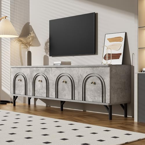 Moderner TV-Schrank mit 4 Schranktüren, Tele, grau, TV-Schrank, niedrige TV-Bank, mit Aufbewahrung für 50-Zoll-Fernseher, Design in Bogenform, 160 x 38 x 55,5 cm
