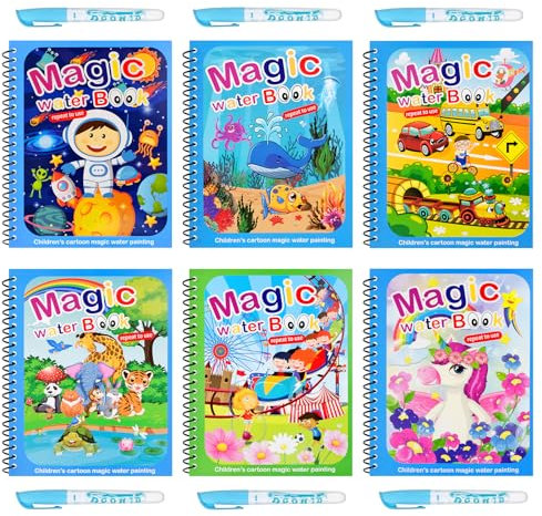 MINISOISO Livre Magique à L'eau,6 Pièces Livre de Dessin Magique de L'eau avec Stylo à L'eau,Livre de Coloriage Magique à L eau Réutilisable pour Enfants 2 3 4 5 6 Ans,Tout-Petits, Cadeau de Noël,A