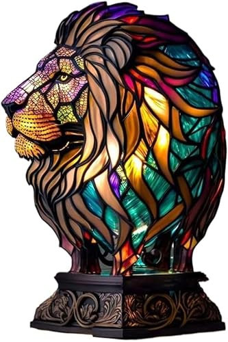 Micmetago Crystalli Artistische Lampe - vitrafauna Crystallii Künstlerische Buntglas-Tischlampe – Stilvolle Tiffany-Glaslampe für Wohnzimmer, Schlafzimmer & Leseecken (Groß,Löwe)