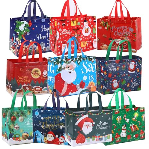 DITK-U Large Christmas Bags for Gift 10PCS Xmas Tote Gift with Handles Treat Shopping Bags for Christmas Presents Party Holiday Decoration Xmas Party Supplies 32.5 x 25x 17cm