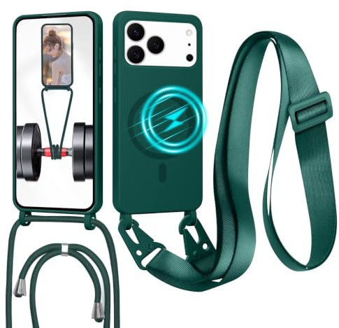 Handykette für iPhone 17 Pro Max/iPhone 18 Pro Max Hülle mit Band,Grün | Magnetisch Handyhülle kompatibel mit Magsafe zum Umhängen Schutzhülle mit Kette Kordel Weich TPU Liquid Flüssig Silikon Case