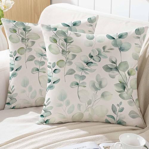 ViaElayu Frühling Kissenbezug 45x45 Eukalyptus Kissen Outdoor Sofakissen Grün Blätter Aquarell Kissenhüllen Dekokissen Kissenbezüge Deko Mintgrün Garten Sofa Dekokissen Couchkissen 2er Set