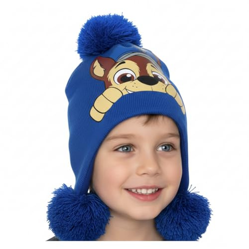 A2Z 4 Kids Unisex Paw Patrol Bommelmütze, offizielle Chase & Skye Winter, offiziell lizenzierte Mütze, warme Fleece-gefütterte Strickmütze mit Bommel, weiche, gemütliche Acrylkappe, ideal für 3-7