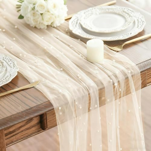 KNUIUYY Beige Tüll mit Perlen Tischläufer 70x300 cm, Boho Gaze Tischläufer Cheesecloth Läufer für Hochzeit, Küche Tisch Dekoration Drinnen Urlaub Hochzeit Geburtstag Party Dekor