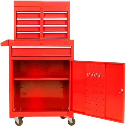 vutizal Roter Werkzeugwagen mit 5 Schubladen und Rollen, 102 cm – Werkzeugschrank mit verstellbaren Regalen, Aufhänge-Lochleiste und 100 kg Tragkraft für Garage und Werkstatt