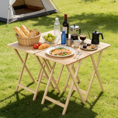 Ensemble de 4 Tables Plateau TV Pliantes, d'appoint en Bois pin avec Base Forme X, collation Peu encombrantes 19x14,6x26pour la Maison, Pique-Nique Plein air, Salon, dortoir, Design Robuste et bei