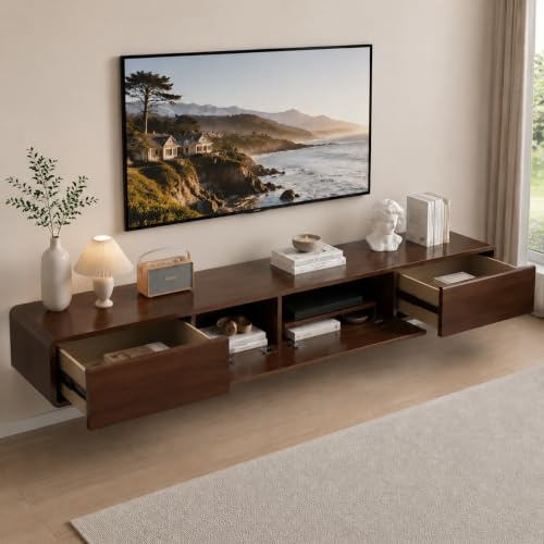 TV Schrank schwebend 240cm,TV Lowboard mit 2 Schubladen und 2 Türen,TV Board Stehend hängend mit Kabelmanagement,Fernsehtisch für 90-Zoll Fernseher,TV Tisch für Wohnzimmer, Schlafzimmer,Walnussoptik