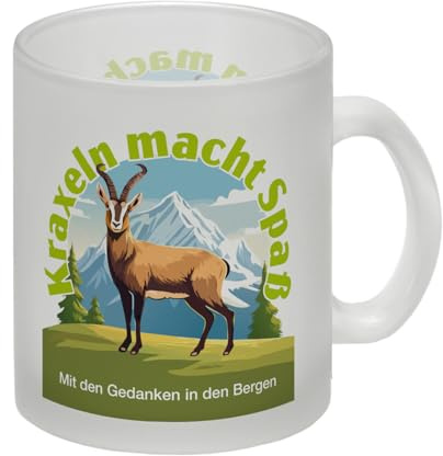 speecheese Glas Tasse Steinbock mit Spruch: Kraxeln: Spaß für Gedanken | in Bergen. Lustige Tasse für Bergfreunde