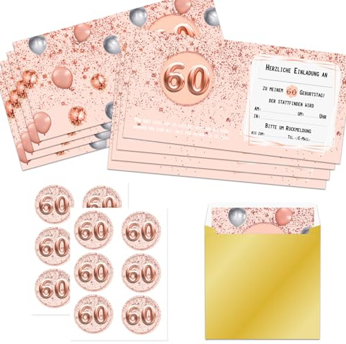 12 Einladungskarten 60 Geburtstag mit 12 Umschlägen und 12 Aufklebern,Einladungskarten Geburtstag 60,GeburtstagEinladungskarten Rose Gold,EinladungGeburtstag,EinladungenGeburtstag für Männer Frauen