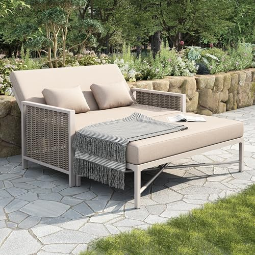 BEJUDYTT Gartenmöbel für 2 Personen, Gartensofa, Freizeitsofa, Outdoor-Liegebett, verstellbare Rückenlehne (5-stufig, 0-65°), versenkbare Fußstütze (Khaki + Beige)