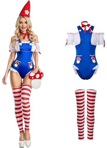 Anuedgis Women's Garden Gnome Costume 4 Piece Set Blue Bodysuit with Mushroom Print Red Cone Hat & Striped Leg Warmers Halloween Forest Fancy Dress (Blue, M)