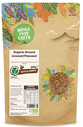 Wholefood Earth Graines de lin moulues bio - 500 g - Crues - Sans OGM - Véganes - Riches en fibres - Source de protéines - Certifiées biologiques