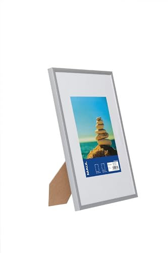 Maul Bilderrahmen MAULdesign 21x30 cm aus Aluminium | zum Hängen in Quer- und Hochformat | edler, schmaler Wechselrahmen mit Passepartouteinleger | ideal für Fotos, Collage und Bilder | Silber