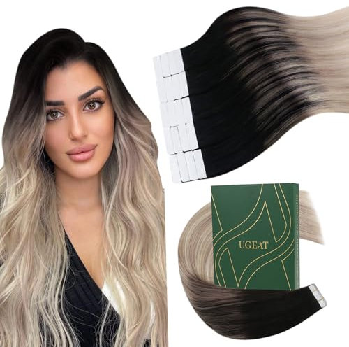 Ugeat Extensions Echthaar Tape 55cm Schwarz Ombre Haarextensions Tape in Extensions Echthaar Balayage Aschblond mit Platinblond 50g für Mädchen 20 Stück #1B/18/60