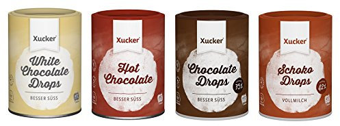 Xucker - 4er Schoko-Probierset (4 x 200 g) - Vollmilch, Zartbitter, Weiße Schokodrops und Trinkschokoladen-Pulver
