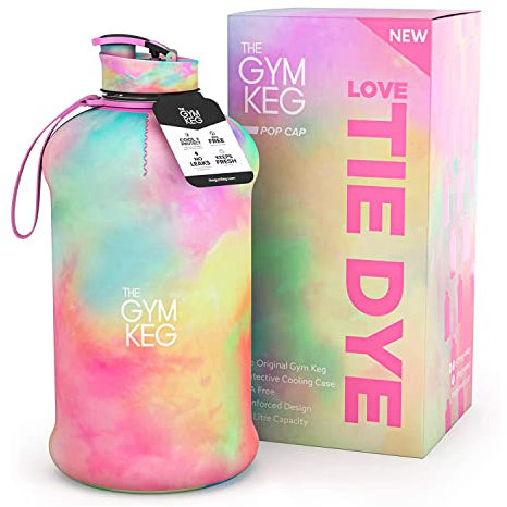 The Gym Keg Official Sports 2L Water Bottle (2.2 L) Insulated Sleeve - Carry Handle - Fitness, Exercise, Large Gym 2 litre Water Bottle - 40% Thicker Plastic (Love Tie Dye)