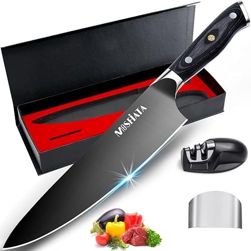 MOSFiATA Kochmesser 20cm Titan-plattiertes Messer High Carbon Deutsch EN. 4116 Edelstahlmesser, Küchenmesser mit Fingerschutz Messerschärfer Klingenschutz Geschenkbox Ultra Sharp