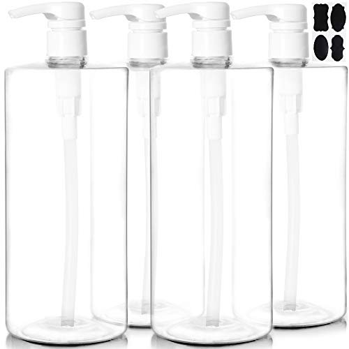 Youngever Lot de 4 Bouteille Pompe Shampoing 1L, Bouteille Pompe Vide Plastique 1000ML, Distributeur Flacon Pompe, Blanc