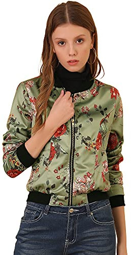 Allegra K Veste Bomber Femme Col Montant Zippé Imprimé Floral Costume d'Halloween Vert clair M