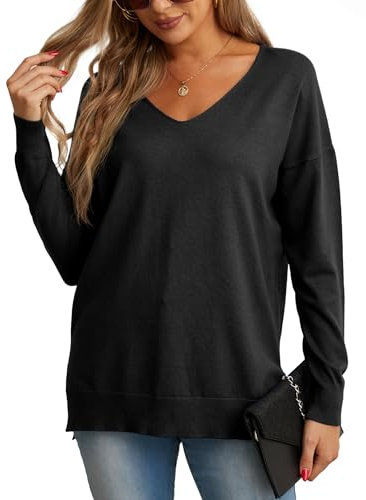 GRECERELLE Women's Casual Jumpers Sweatshirt Ladies Classic Plain Pullover Knit V Neck Long Sleeve Jumper Tops Blouse T-Shirt for Winter Fall Spring (01 Black, L)